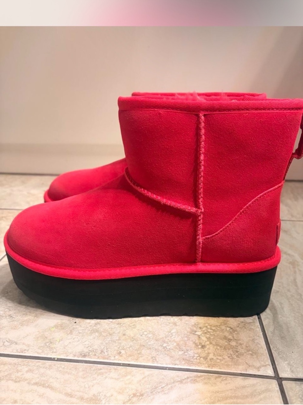 UGG Women's Bright Red Suede Platform Ankle Booties